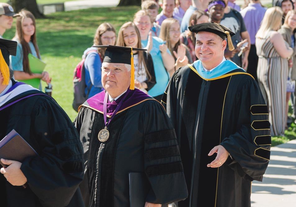 Officially Turner
New Southwest Baptist University President Eric Turner, far right, walks in the processional during his inauguration April 26 on the Bolivar campus. Succeeding C. Pat Taylor, he assumed the presidency – the school’s 25th – on Sept. 1, 2018. Turner, who was selected last summer out of 25 applicants, comes to SBU from Black River Technical College in Pocahontas, Arkansas, where he’d worked since 2014.